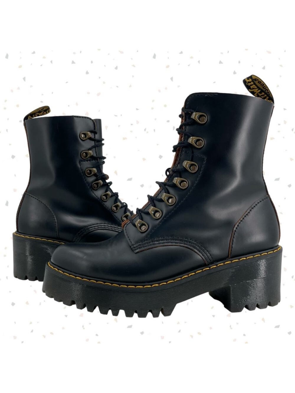 Dr. Martens Leona Black Vintage Smooth Leather Heeled Lace Up Platform Boots 9